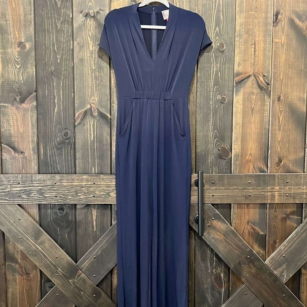 Vince Camuto Navy Blue Wide Leg Ruched V-neck Jumpsuit XS Cap Sleeve Pockets